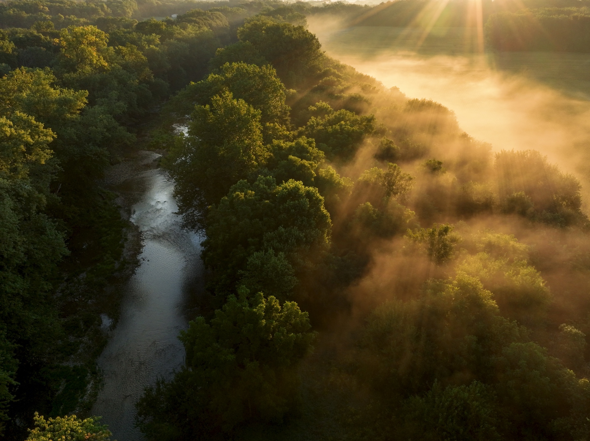 Aerial view of a misty Indiana river at sunrise